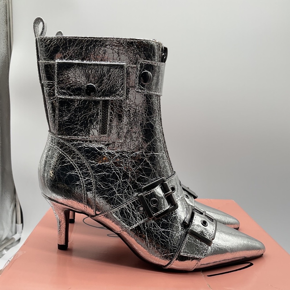 Wild Pair Silver Metallic Crinkle Buckle Ankle Boots Pointed Toe Kitten Heel NEW